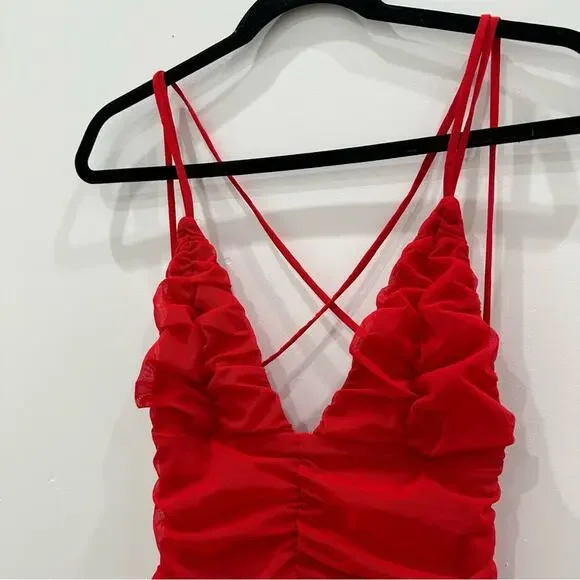 Michael Costello Red Ruched Bodycon Midi Dress with Crisscross Back - Picture 6 of 11